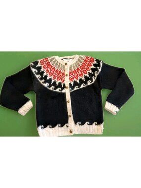 Vintage 80s Midnight Blues Hand Knit Fair Isle Cardigan Sweater Black Red Size M